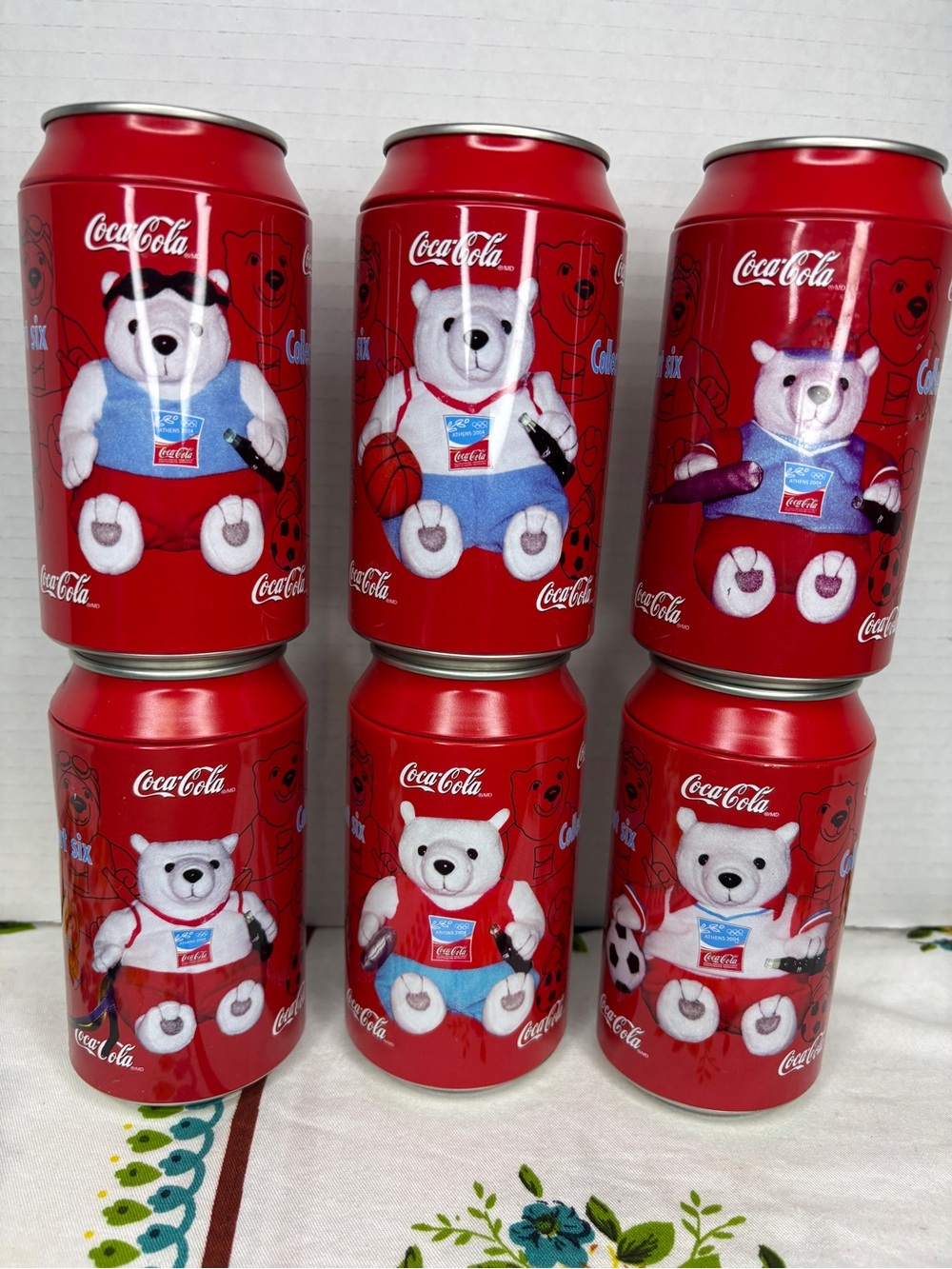Coca Cola Set of 6 Athens 2004 Olympics Collectible Cans White Polar Bear Plush